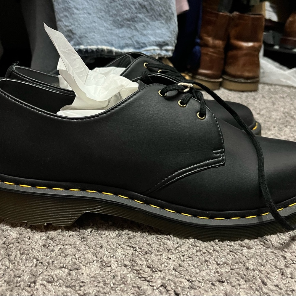Dr. Martens Black Leather Oxfords with Yellow Stitching